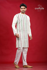 Ivory white kantha work ethnic cotton kurta for men embroidered vertical green 4