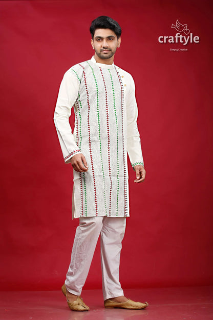 Ivory white kantha work ethnic cotton kurta for men embroidered vertical green 4