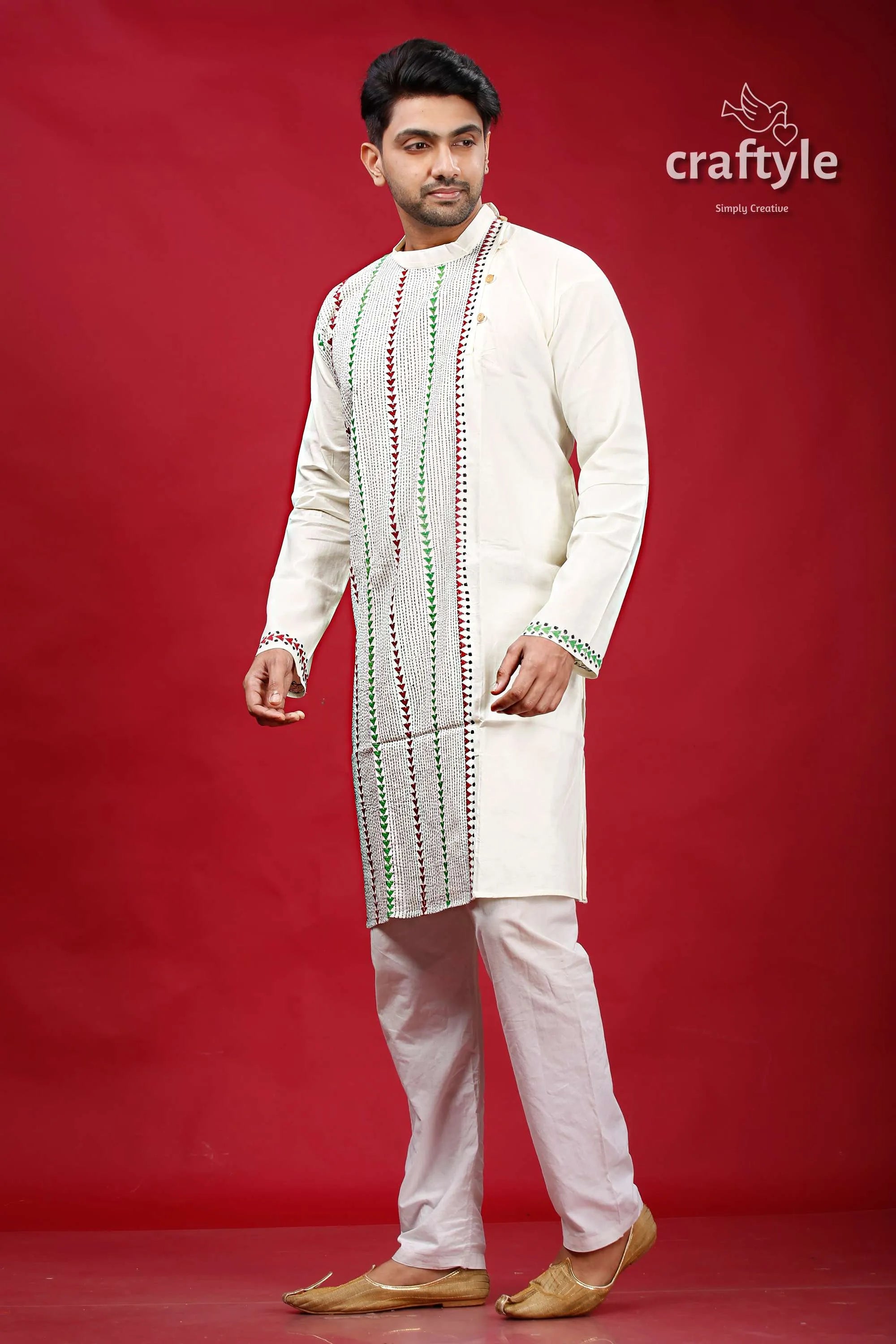 Ivory white kantha work ethnic cotton kurta for men embroidered green red 3