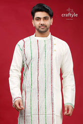 Ivory white kantha work ethnic cotton kurta for men intricate green red 2