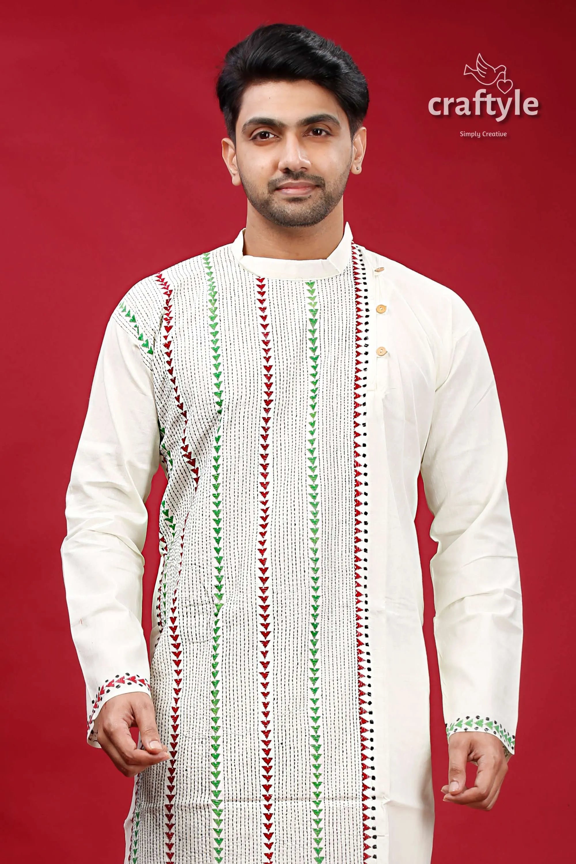 Ivory white kantha work ethnic cotton kurta for men intricate green red 2