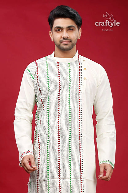 Ivory white kantha work ethnic cotton kurta for men intricate green red 2