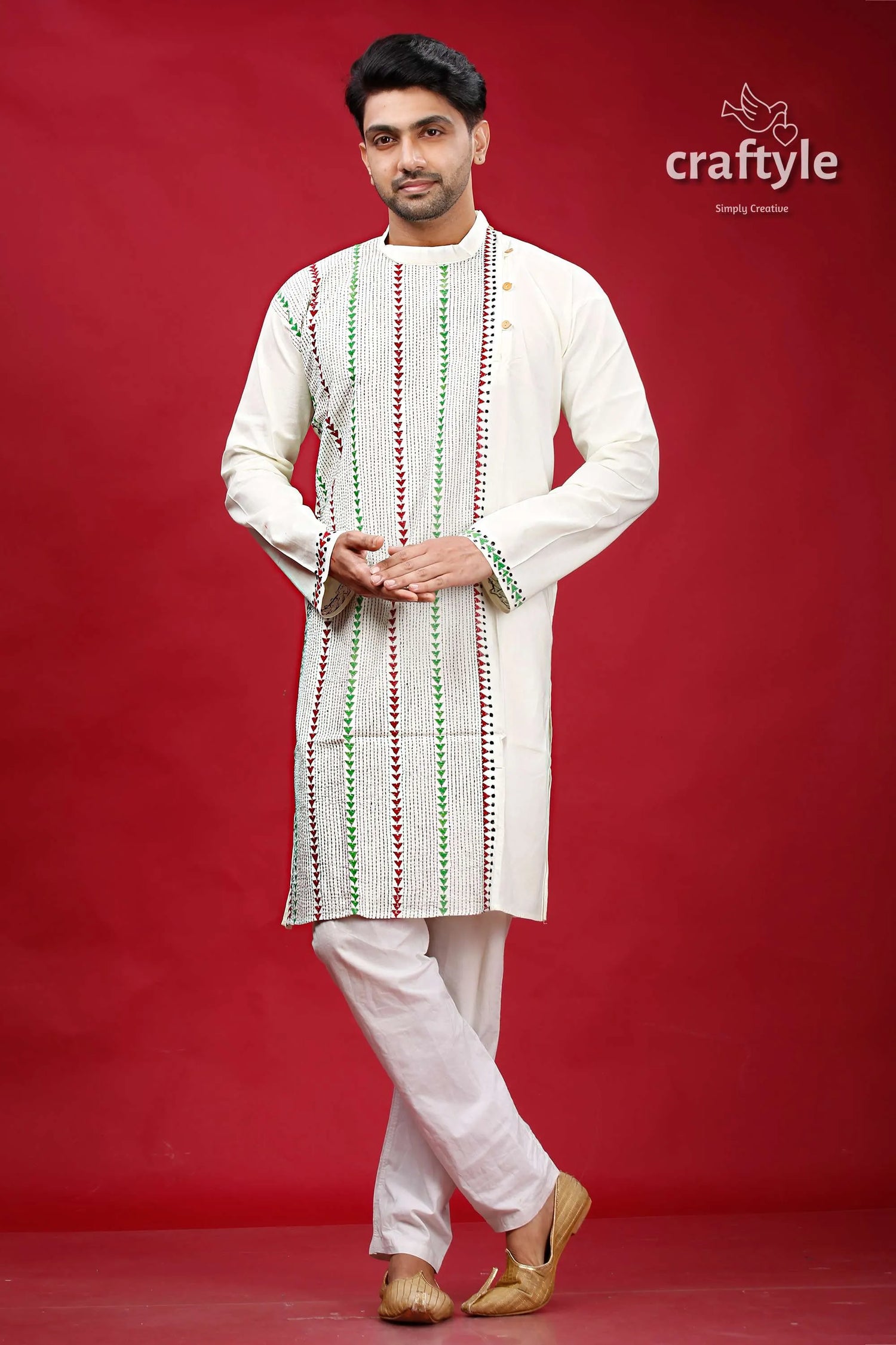 Ivory white kantha work ethnic cotton kurta for men embroidered vertical green 1