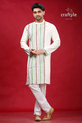 Ivory white kantha work ethnic cotton kurta for men embroidered vertical green 1
