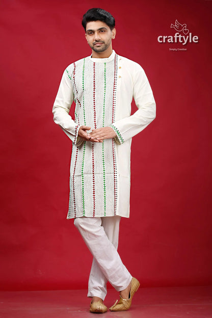 Ivory white kantha work ethnic cotton kurta for men embroidered vertical green 1