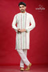 Ivory white kantha work ethnic cotton kurta for men embroidered vertical green 1
