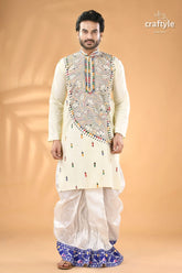 Ivory white kantha work men’s kurta reverse stitch men’s cream colored kurta colorful tribal inspired 1