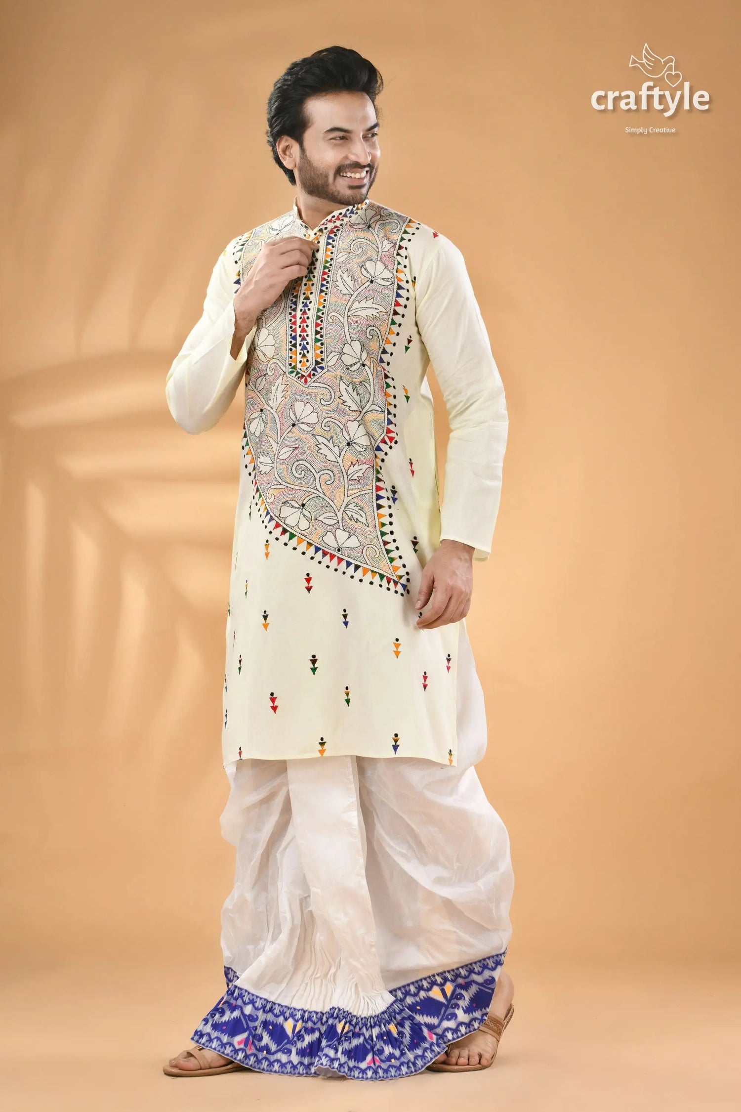 Ivory white kantha work men’s kurta reverse stitch men’s cream colored kurta colorful embroidery 4