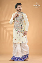 Ivory white kantha work men’s kurta reverse stitch men’s cream colored kurta colorful embroidery 4