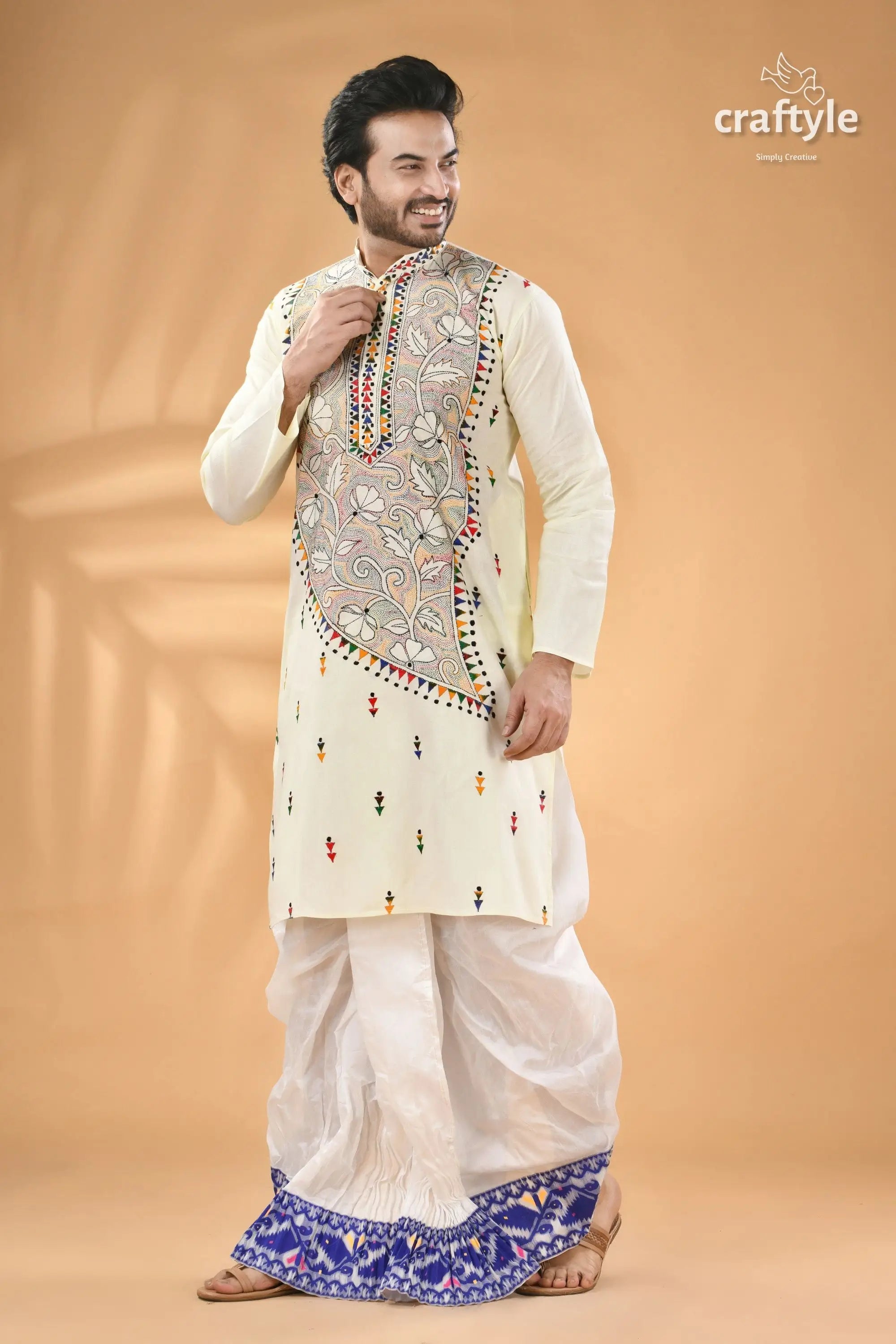 Ivory white kantha work men’s kurta reverse stitch men’s cream colored kurta colorful embroidery 4