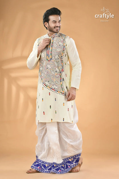 Ivory white kantha work men’s kurta reverse stitch men’s cream colored kurta colorful embroidery 4
