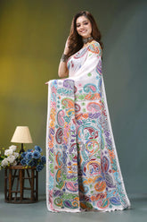 Ivory white multi-thread paisley design handmade silk kantha saree vibrant white saree adorned intricate 3