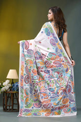 Ivory white multi-thread paisley design handmade silk kantha saree vibrant white saree adorned intricate 4