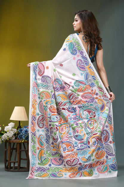 Ivory white multi-thread paisley design handmade silk kantha saree vibrant white saree adorned intricate 4