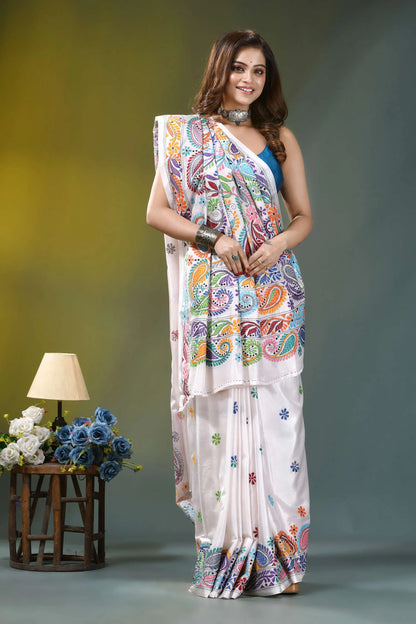 Ivory white multi-thread paisley design handmade silk kantha saree woman wears white saree adorned 5