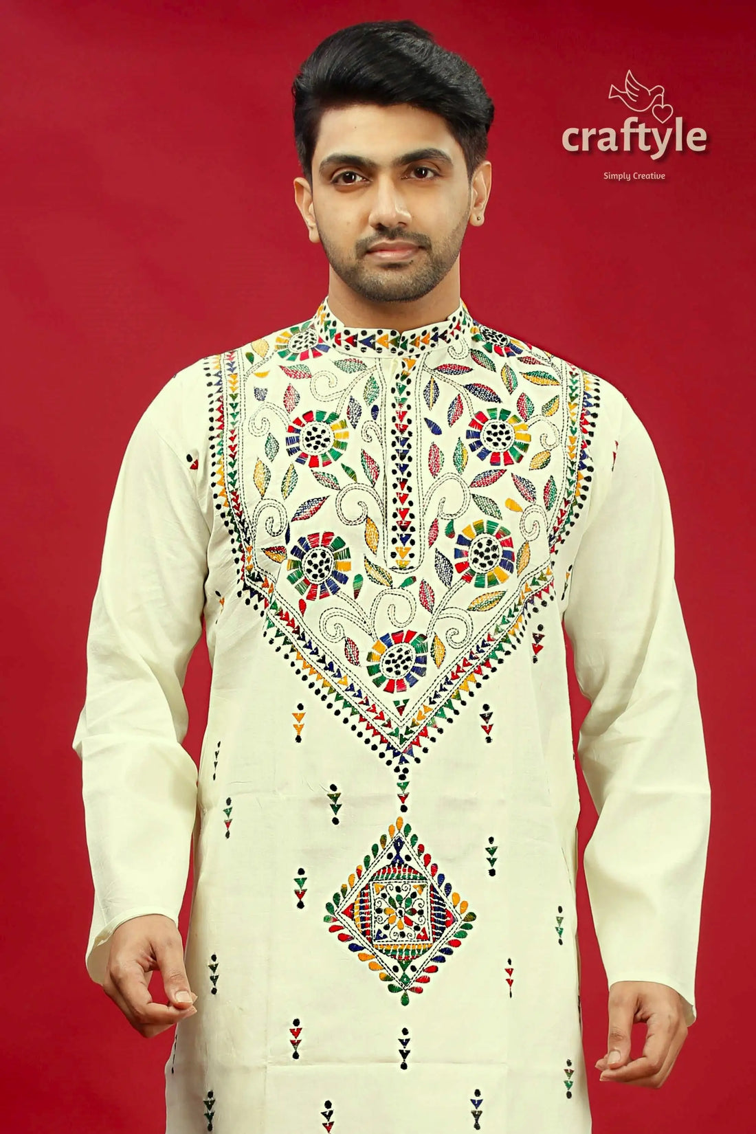 Ivory White Multicolor Hand Kantha Mens Cotton Ethnic Punjabi - Craftyle