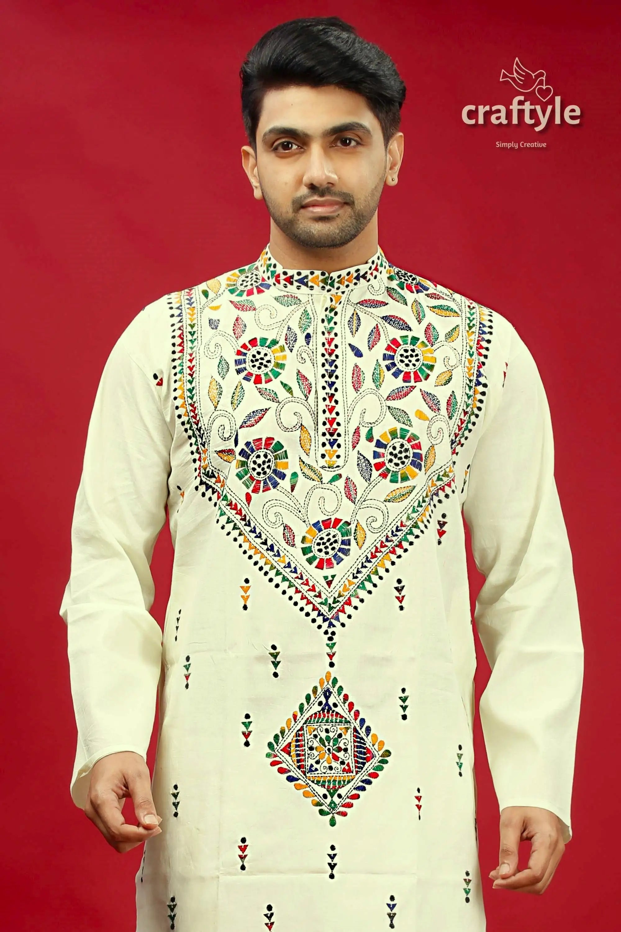 Ivory White Multicolor Hand Kantha Mens Cotton Ethnic Punjabi - Craftyle