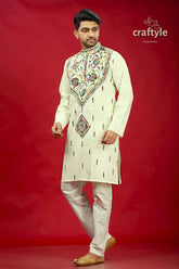 Ivory White Multicolor Hand Kantha Mens Cotton Ethnic Punjabi - Craftyle