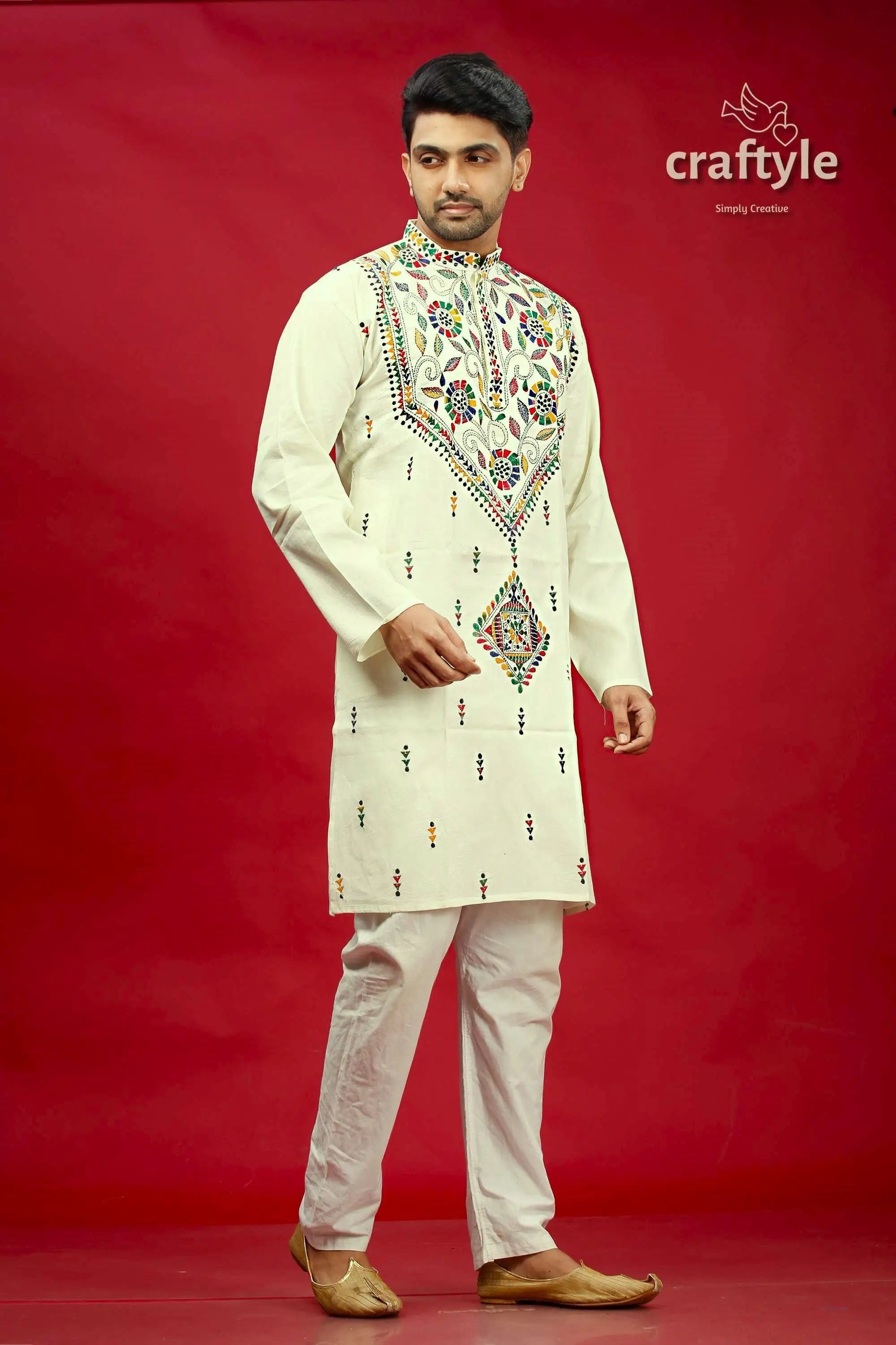 Ivory White Multicolor Hand Kantha Mens Cotton Ethnic Punjabi - Craftyle
