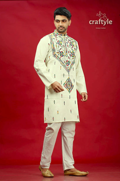 Ivory White Multicolor Hand Kantha Mens Cotton Ethnic Punjabi - Craftyle