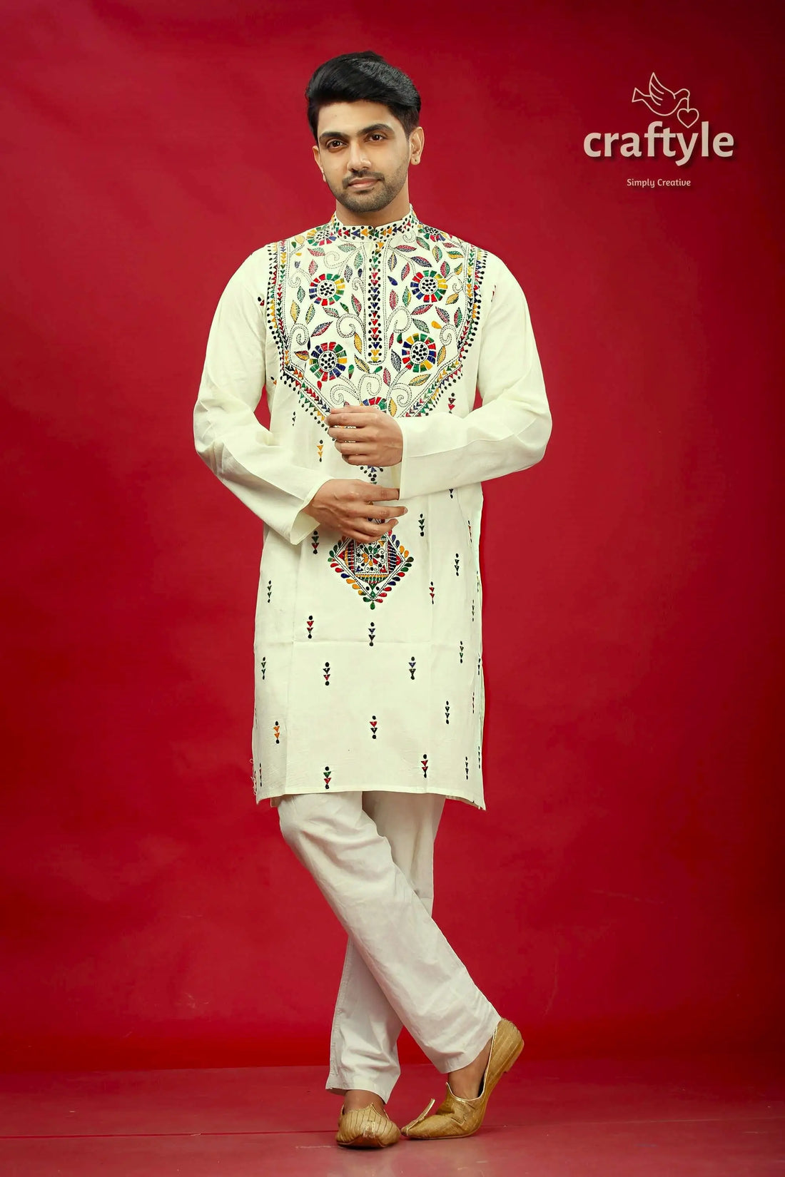 Ivory White Multicolor Hand Kantha Mens Cotton Ethnic Punjabi - Craftyle