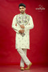 Ivory White Multicolor Hand Kantha Mens Cotton Ethnic Punjabi - Craftyle
