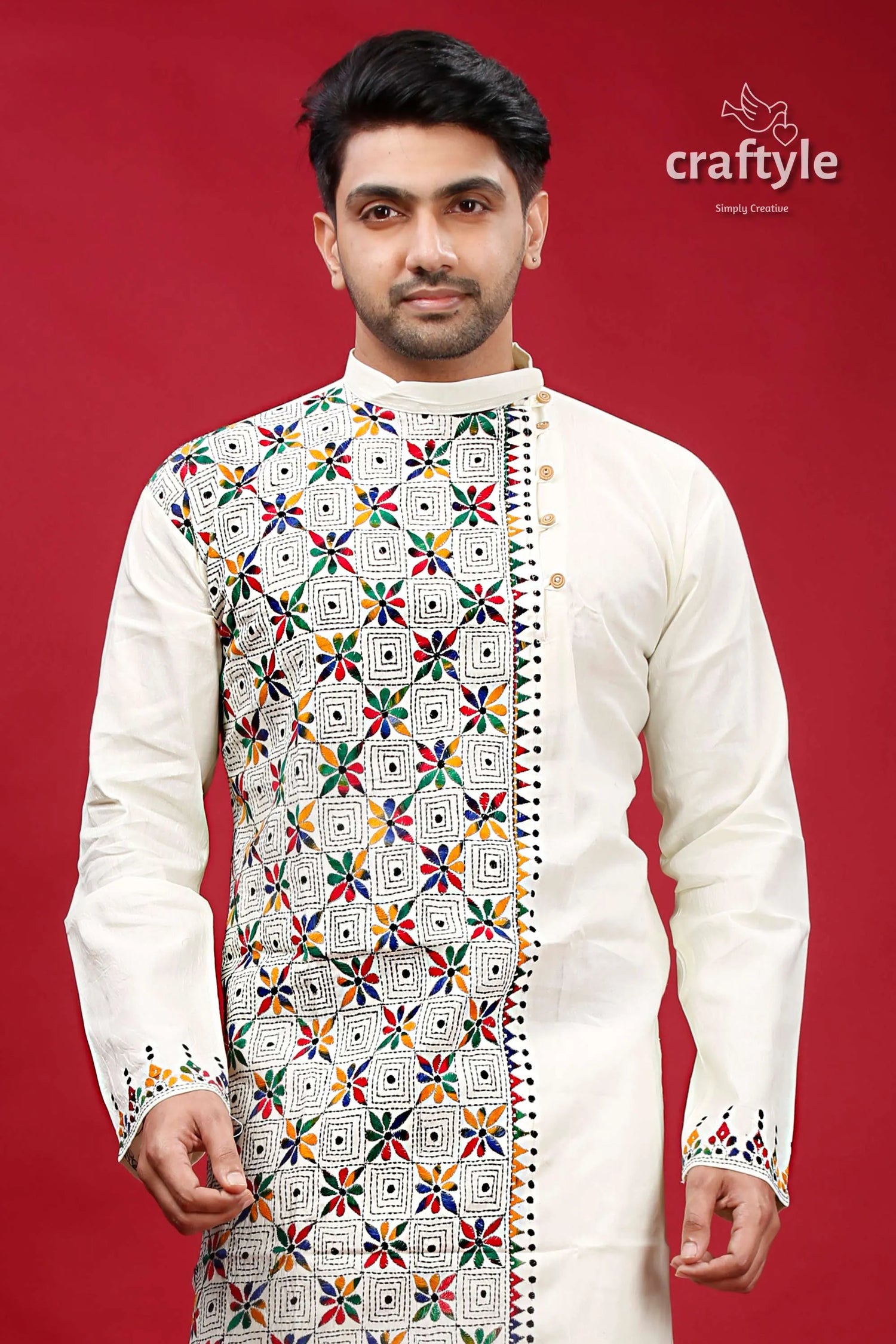 Ivory white multicolor kantha stitch cotton kurta for men cream-colored intricate multicolored geometric 2