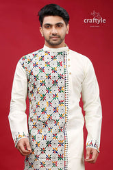 Ivory white multicolor kantha stitch cotton kurta for men cream-colored intricate multicolored geometric 2