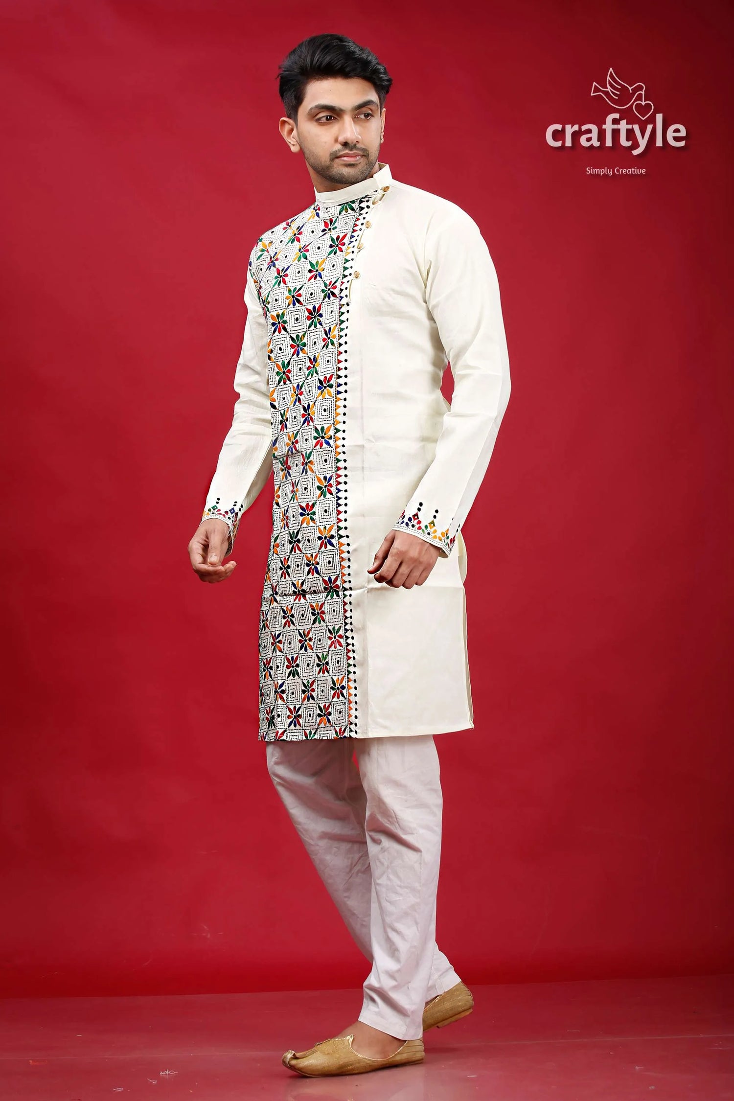 Ivory white multicolor kantha stitch cotton kurta for men cream-colored intricate multicolored geometric 3