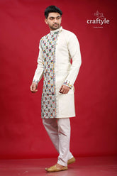 Ivory white multicolor kantha stitch cotton kurta for men cream-colored intricate multicolored geometric 3