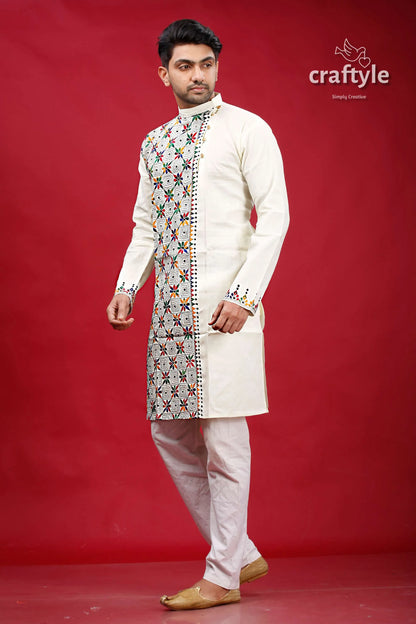Ivory white multicolor kantha stitch cotton kurta for men cream-colored intricate multicolored geometric 3