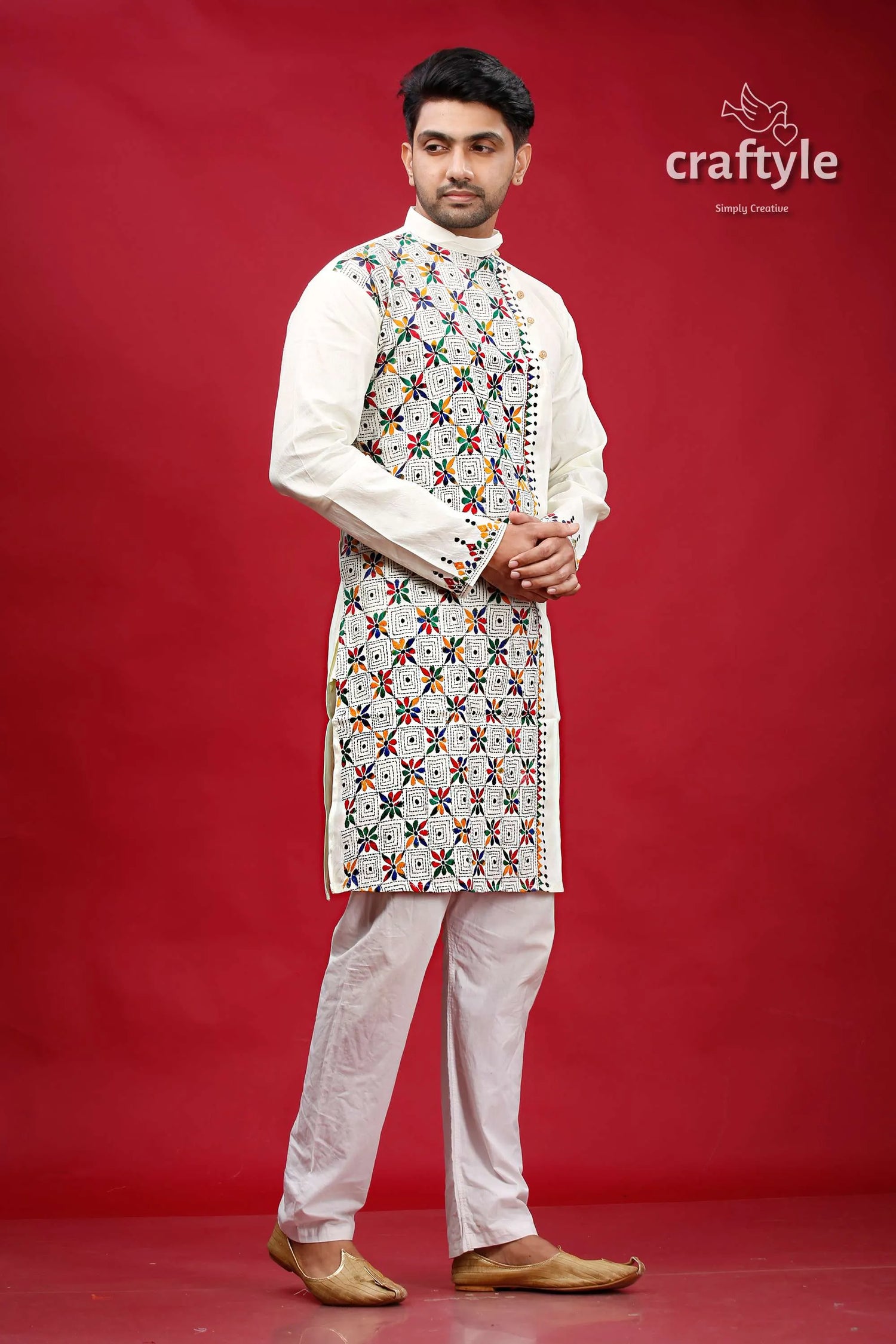 Ivory white multicolor kantha stitch cotton kurta for men embroidered vest colorful geometric 4