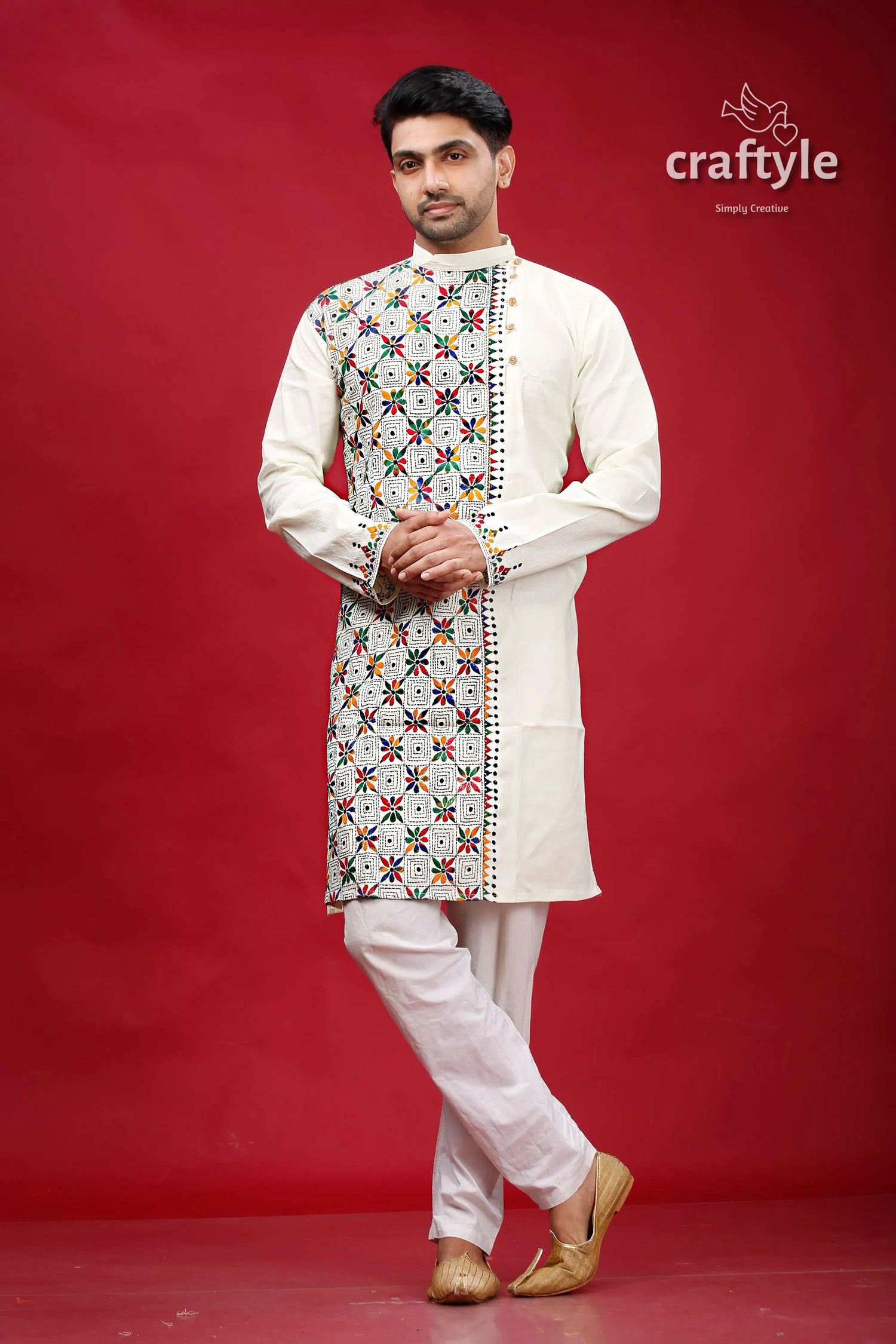 Ivory white multicolor kantha stitch cotton kurta for men man cream-colored intricate multicolored 1