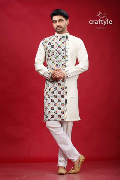 Ivory white multicolor kantha stitch cotton kurta for men man cream-colored intricate multicolored 1