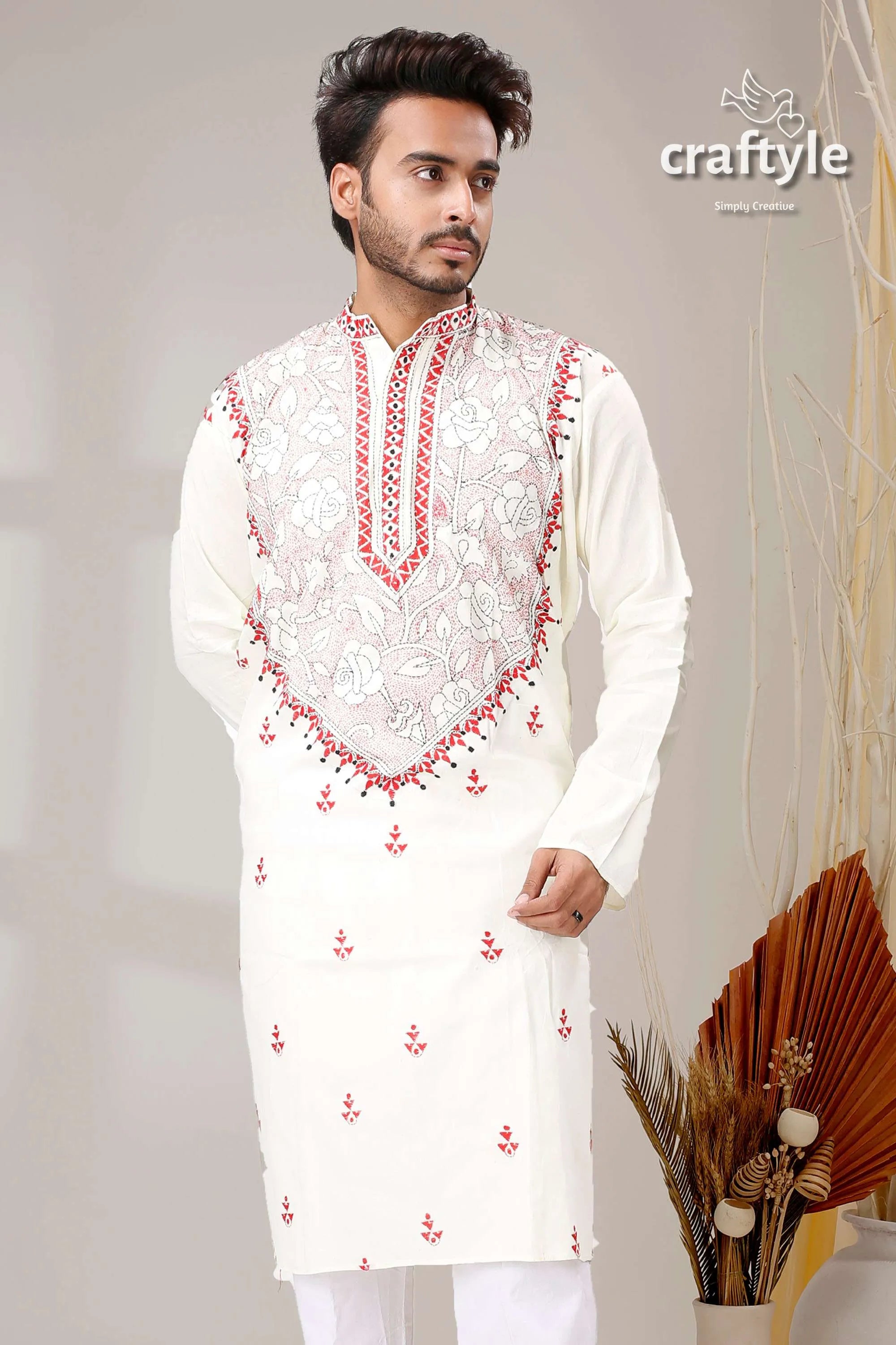 Ivory white red reverse kantha work designer cotton panjabi for men embroidered kurta intricate 2