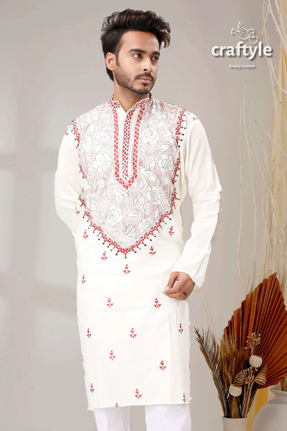 Ivory white red reverse kantha work designer cotton panjabi for men embroidered kurta intricate 2