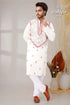 Ivory white red reverse kantha work designer cotton panjabi for men embroidered kurta intricate 1