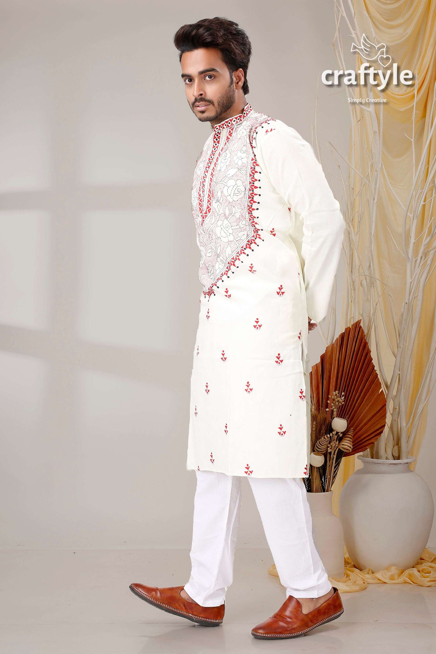 Ivory White Red Reverse Kantha Work Designer Cotton Panjabi for Men - Craftyle