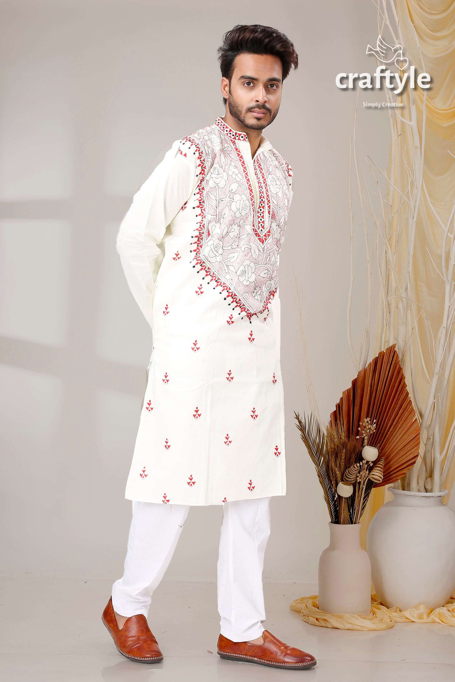 Ivory White Red Reverse Kantha Work Designer Cotton Panjabi for Men - Craftyle