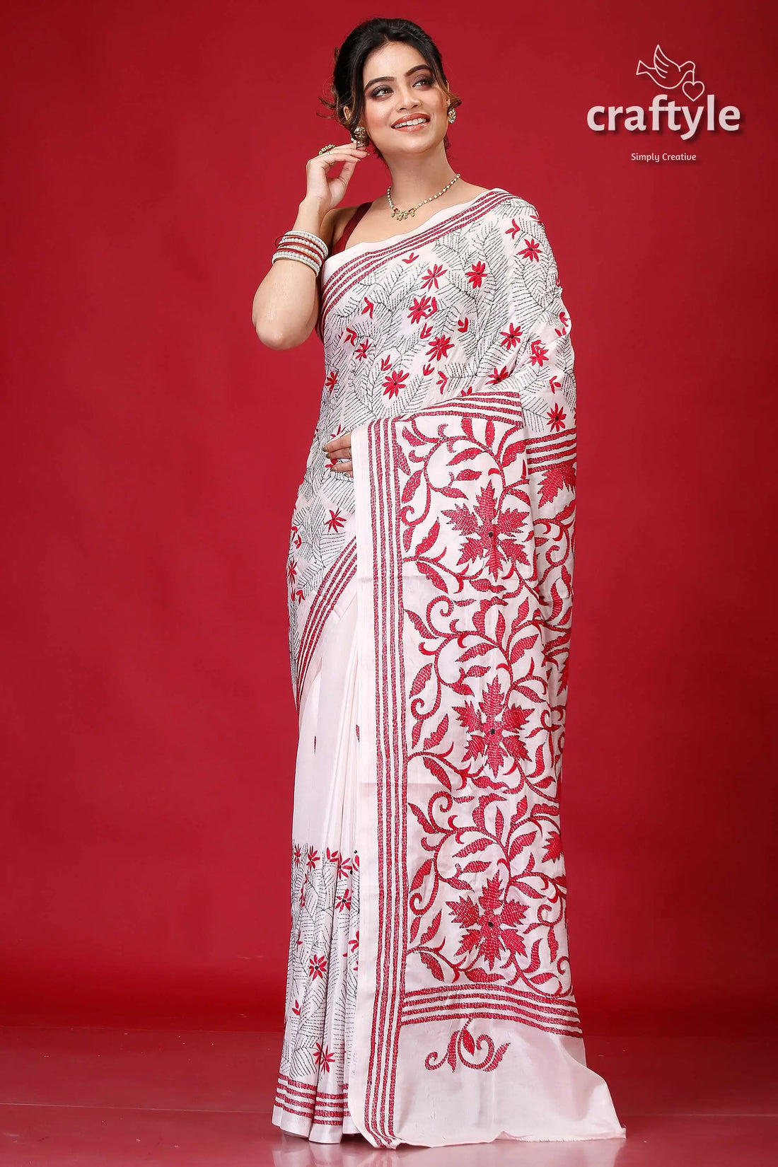 Ivory white red thread work silk kantha stitch saree white saree red floral embroidery 1