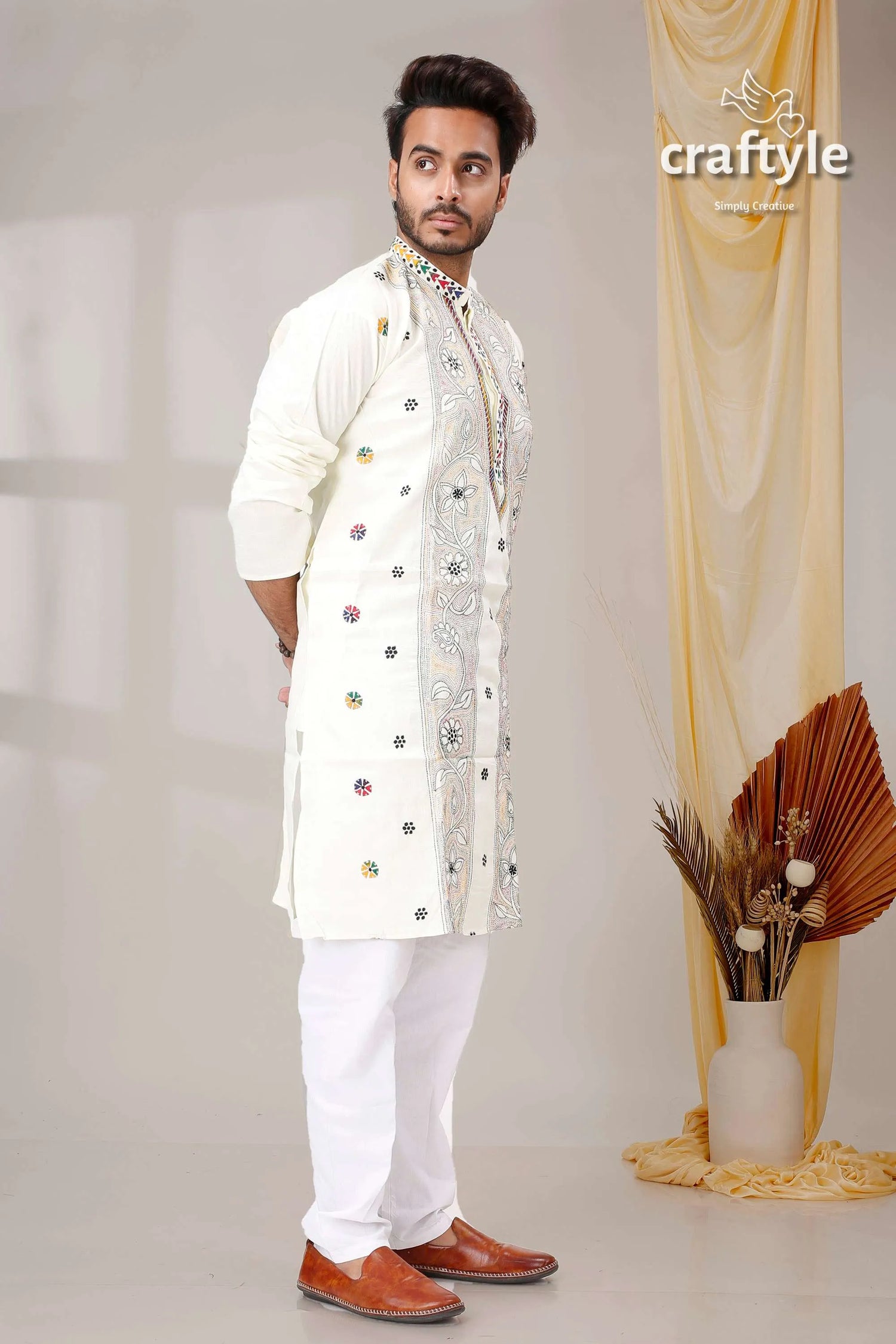 Ivory white reverse kantha stitch design cotton kurta for men embroidered intricate floral 3