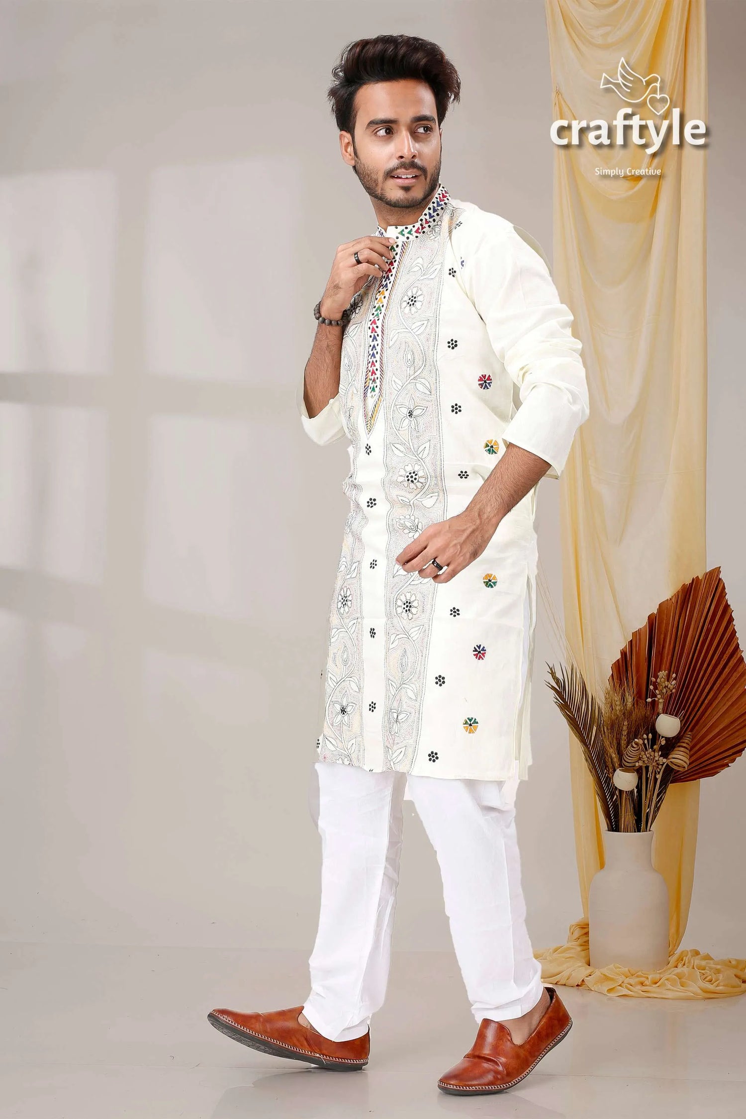 Ivory white reverse kantha stitch design cotton kurta for men embroidered intricate floral 4