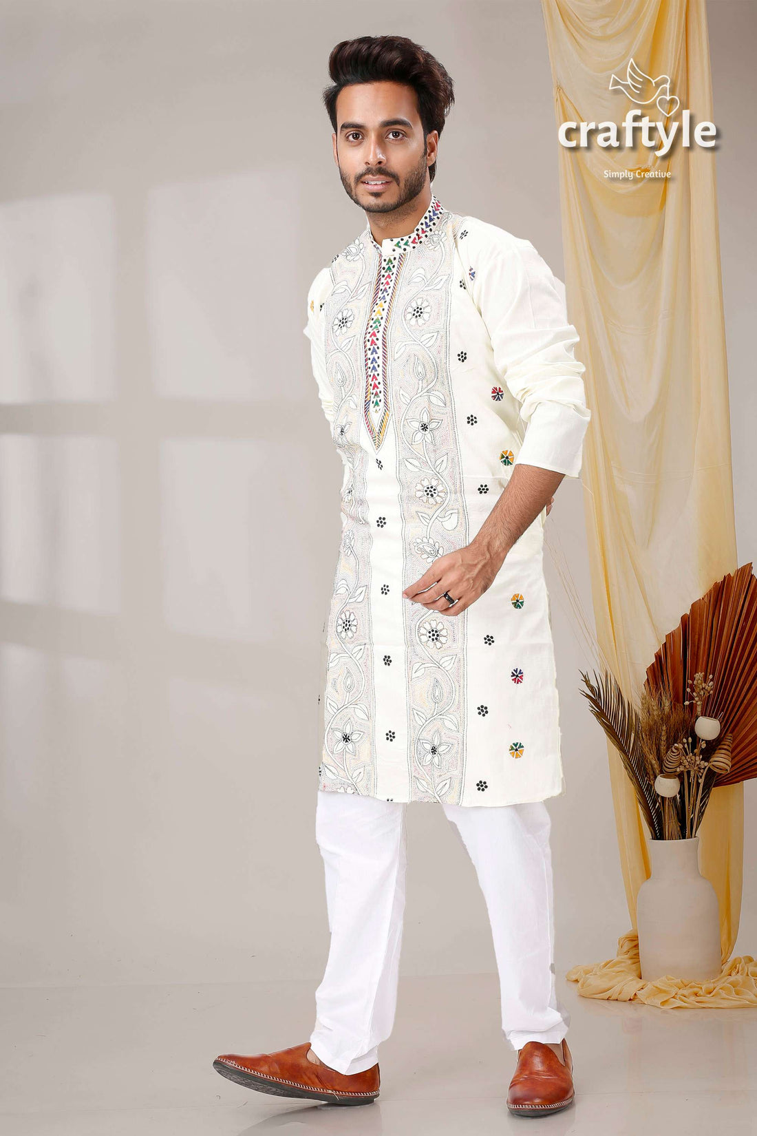 Ivory White Reverse Kantha Stitch Design Cotton Kurta for Men - Craftyle