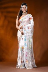 Ivory white silk kantha stitch saree with swan lotus nature design 6