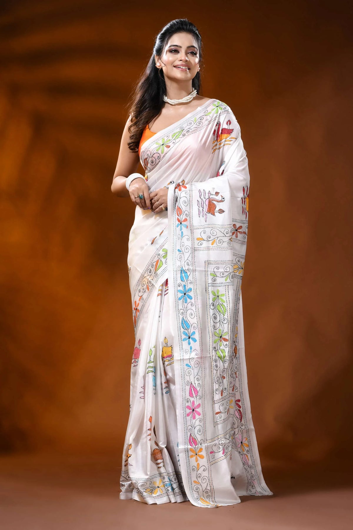 Ivory white silk kantha stitch saree with swan lotus nature design 1