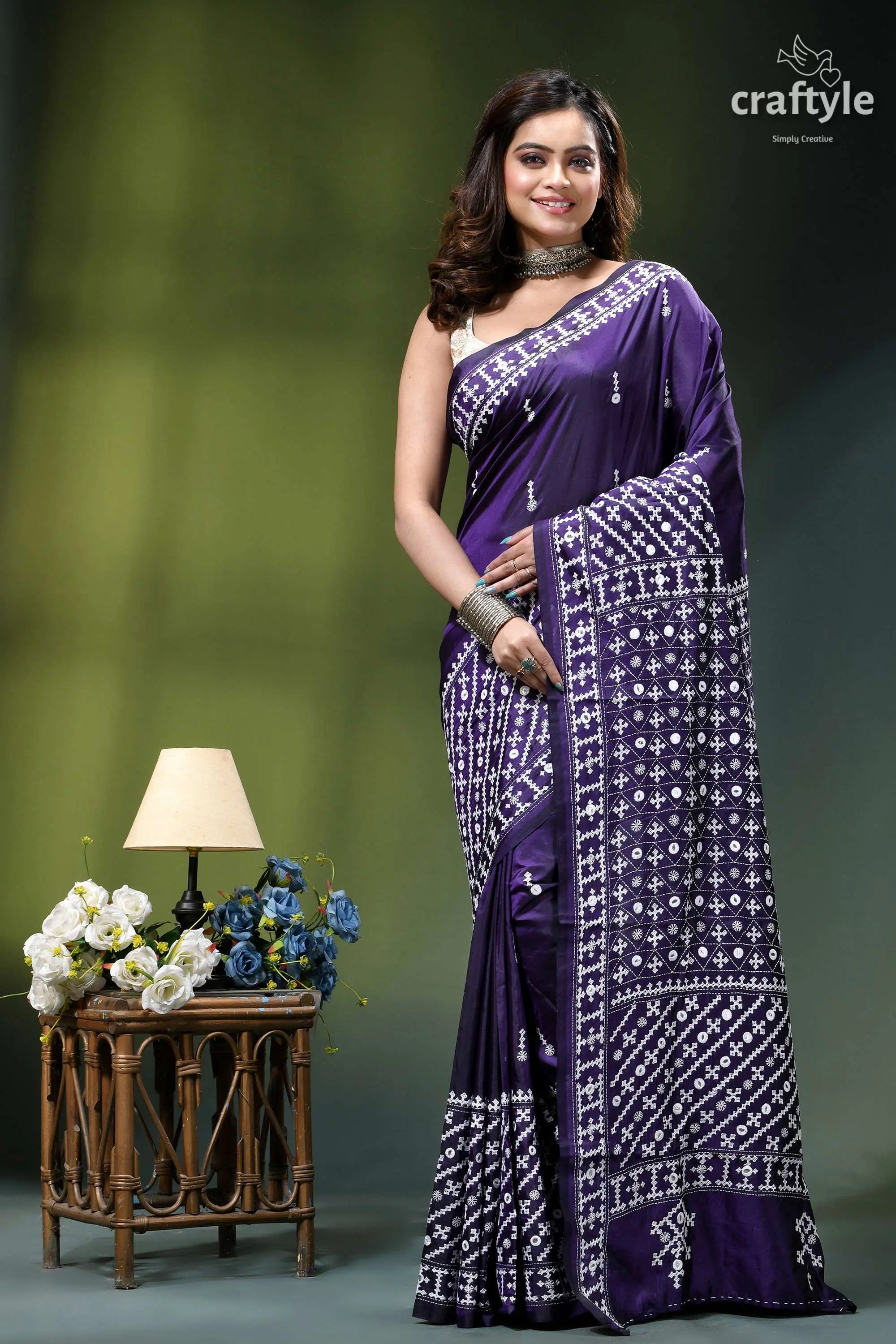 Jacarta blue intricate gujrati stitched silk saree with mirror work deep purple saree intricate white 1