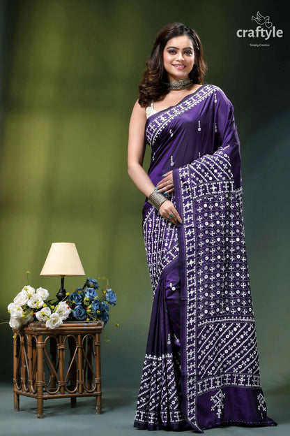 Jacarta blue intricate gujrati stitched silk saree with mirror work deep purple saree intricate white 1