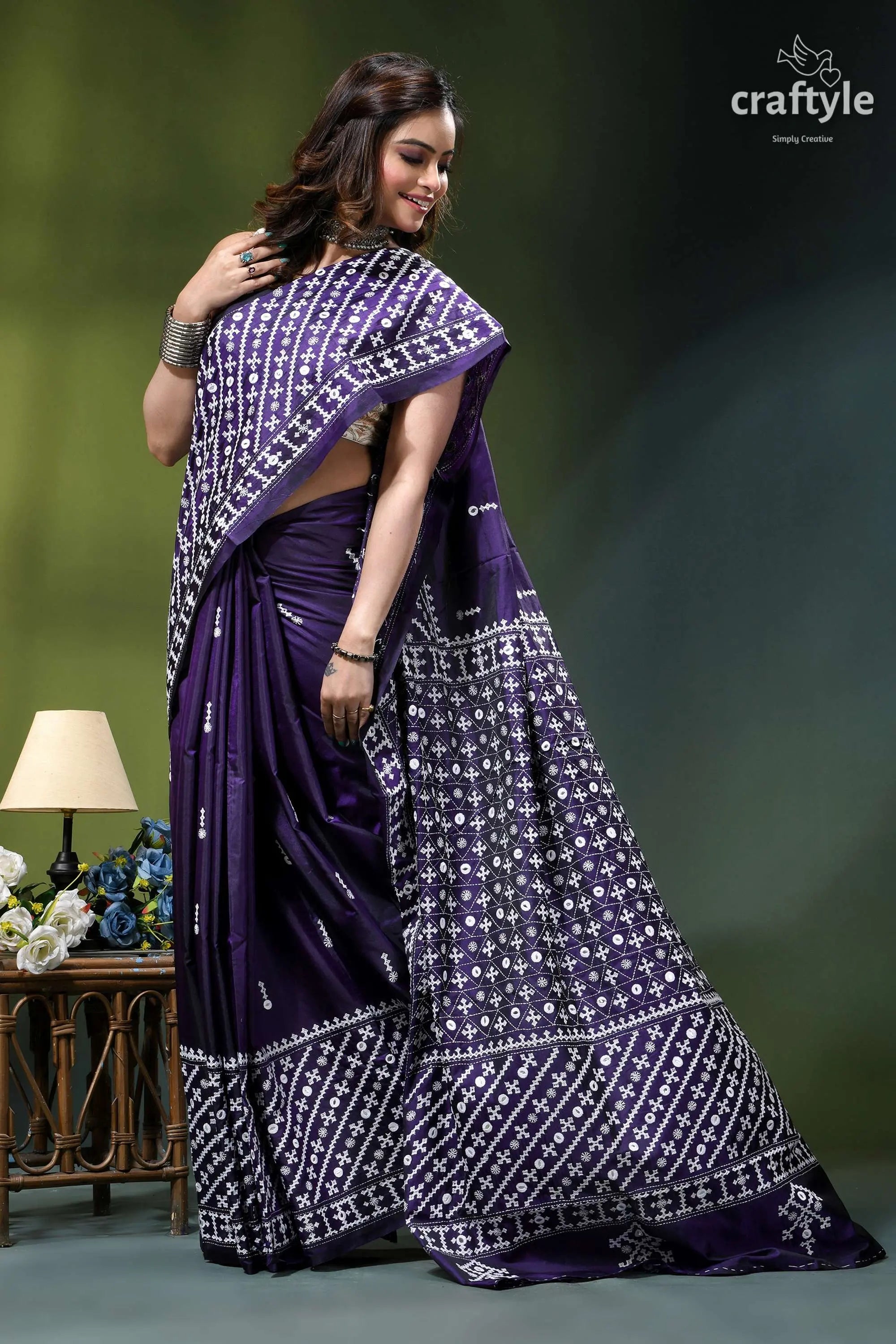 Jacarta blue intricate gujrati stitched silk saree with mirror work woman wears deep purple saree 4