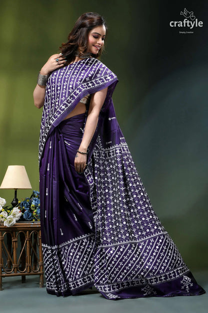 Jacarta blue intricate gujrati stitched silk saree with mirror work woman wears deep purple saree 4