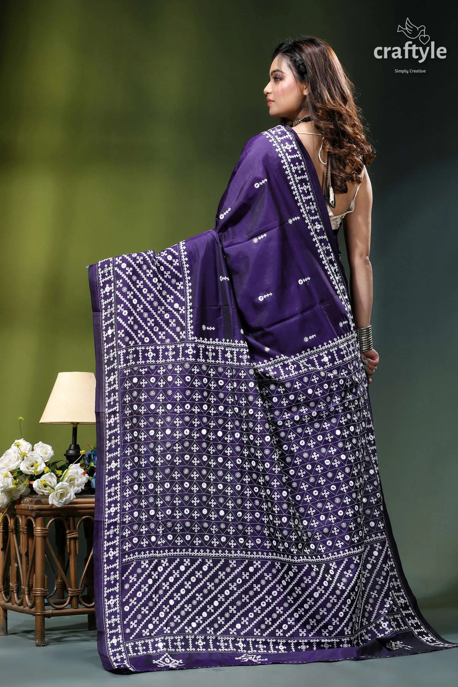 Jacarta blue intricate gujrati stitched silk saree with mirror work deep purple saree intricate white 5